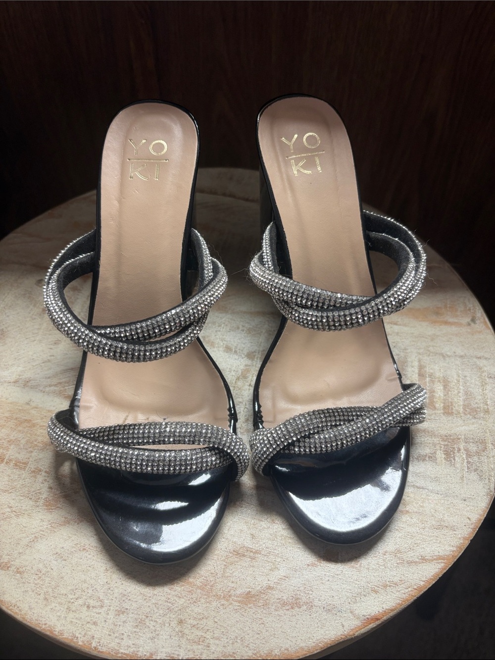 Yoki Black Heeled Sandals with Silver Crystal Straps